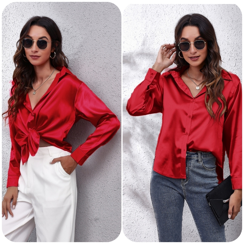 Red Collared Neck Buttoned Long Sleeve Shirt - Picture 3 of 4